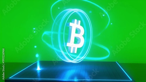 Bitcoin logo hovers above a digital platform with neon blue outlines and glowing effects on a green background in a video clip
