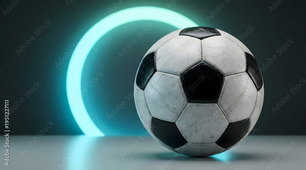 Naklejka premium Soccer ball with glowing neon circle on cyan gradient background. Modern football design concept for sports banners, posters and tournament promotion.