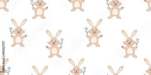 Seamless pattern Cute cartoon bunny, hare. Animalistic vector illustration of Easter little rabbit with flowers. Background for nursery, poster and postcard.