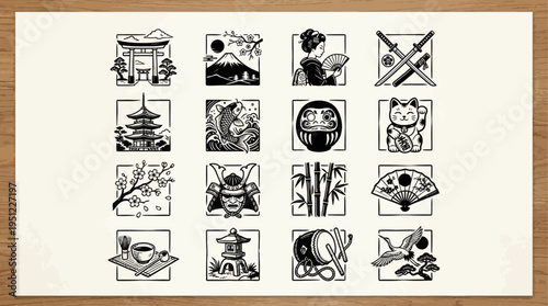 Japan Solid Web Icons. Vector Set of Oriental Glyphs.