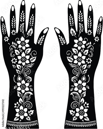 Elegant black and white lace-patterned gloves with floral embellishments displayed side by side isolated on white background, Vector, illustration