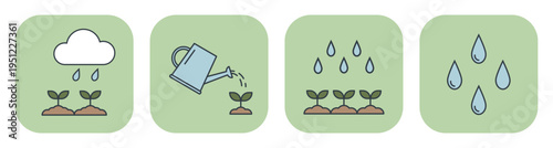 Flat icon set with watering seedlings, rain cloud, and falling water drops. Vector illustration for spring design