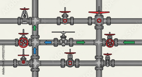 Complex Piping System with Valves and Connections Illustration.