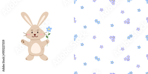 Cute cartoon bunny, hare with a flower. Animalistic vector illustration. Seamless pattern with delicate forget-me-not flowers. Floral spring background.