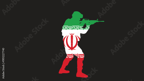 Iran war evokes an iranian soldier silhouette filled with the iran flag symbolizing conflict. Suitable for military blogs, news articles, and history textbooks.