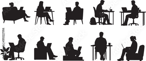 Silhouettes of people working in office settings with computers