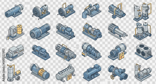 Isometric Industrial Pump Collection - Diverse Machinery for Fluid Handling.