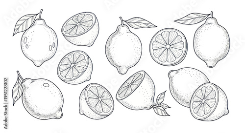 Hand-drawn Lemon Illustrations: Whole, Halved, and Sliced Citrus Fruits with Leaves