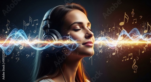A woman with headphones listening to music with musical notes and waves in the background.
