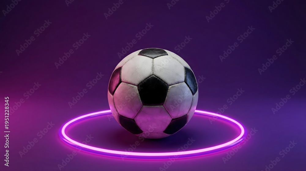 Naklejka premium Soccer ball surrounded by neon ring on magenta gradient background. Futuristic football concept for sports marketing and tournament graphics.