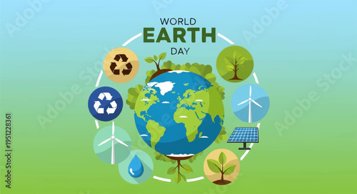 Earth day globe with eco friendly symbols and green background