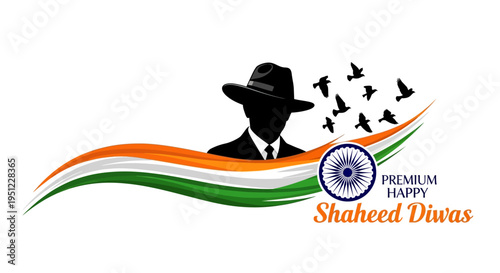 Illustration of a patriotic silhouette with a man in a hat and birds flying, surrounded by the Indian flag colors and a wheel design, symbolizing Shaheed Diwas or Martyrs Day in India