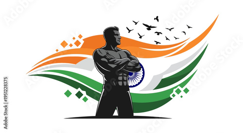 Patriotic illustration of a strong man in a confident pose with arms crossed, set against a vibrant Indian flag background with a bird silhouette and abstract design elements