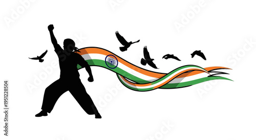Patriotic illustration of a person in a powerful stance with a waving Indian flag and flying birds in a patriotic design