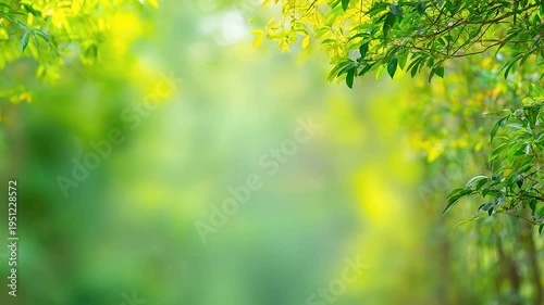 Fresh green leaves frame a vibrant blurred natural background with bright