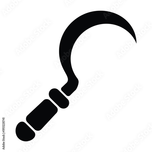Black and white illustration of a curved sickle with a wooden handle isolated on white background, Vector, illustration