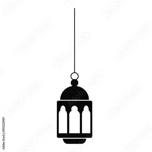 Elegant black lantern hanging from a decorative ceiling hook isolated on white background, Vector, illustration