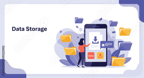 Secure data storage and file management concept with a professional woman organizing digital folders on a giant smartphone.