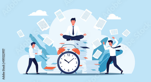 Mindful office employee meditating on a stack of papers to find balance while coworkers rush under heavy pressure.
