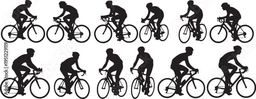 Silhouette of cyclist riding bicycle in various positions sequence