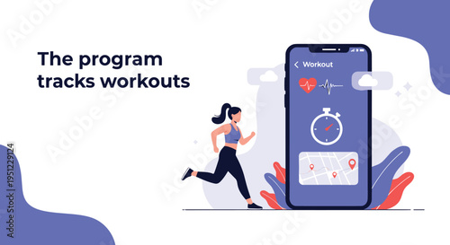 Innovative fitness tracking application concept showing a running woman and her real-time health and heart rate data on a smartphone.