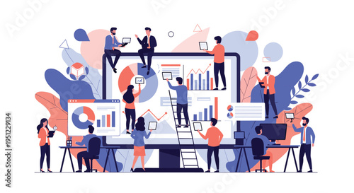 Large collaborative business team working together to analyze and update data on a massive digital computer screen display.