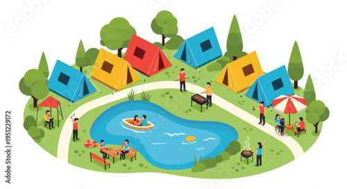 Vibrant isometric camping site illustration featuring colorful tents, a blue lake with boats, and people enjoying outdoor activities.