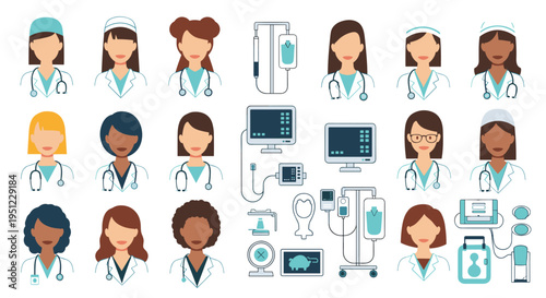 Comprehensive collection of female doctor avatars and isometric medical icons including monitors, iv drips, and heart scanners.