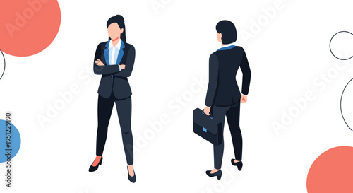 Set of professional isometric female characters in dark business suits shown from both front and back perspectives.