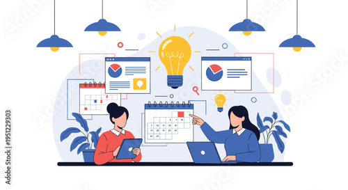 Two professional women collaborate on business planning using a calendar, lightbulb icon for ideas, and various data analytics charts.