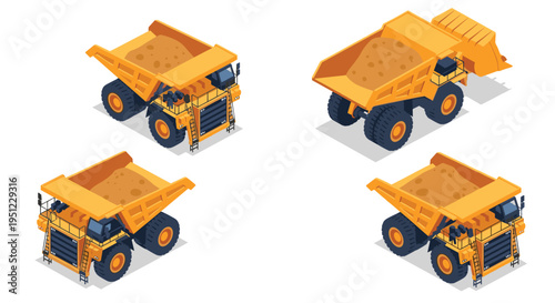 Set of yellow isometric mining dump trucks shown from various angles for industrial construction and heavy machinery visualization.
