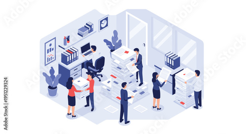 Busy office workers struggle with an overwhelming amount of paperwork and documents in a crowded workspace filled with file folders.