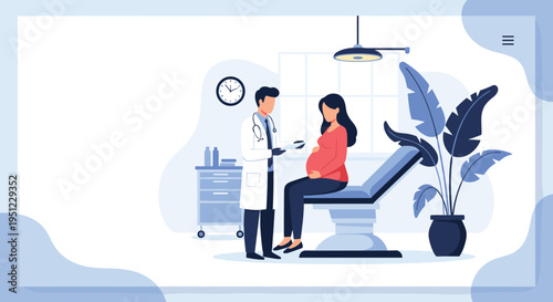 Medical professional in a white coat conducts a prenatal checkup for a pregnant woman in a modern healthcare clinic environment.