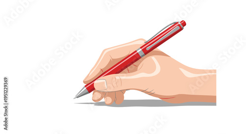 Close-up view of a human hand holding a red ballpoint pen while writing on a white surface to sign an important document or contract.