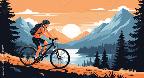 Adventurous cyclist rides a mountain bike on a scenic trail overlooking a calm lake and snowy peaks during a beautiful golden sunset.