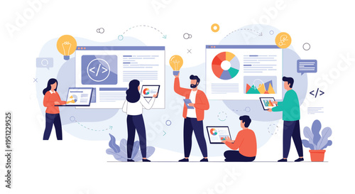 Team of software developers and data analysts work together on web interface design using laptops and digital screens with charts.