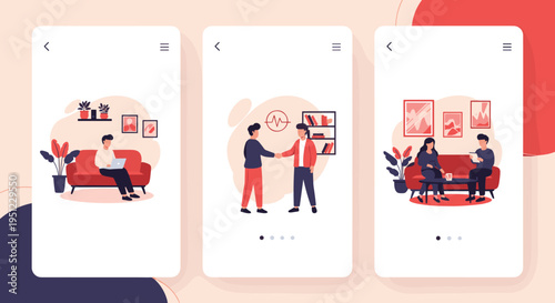 Mobile app interface design showing scenes of remote work, professional meetings, and business collaboration in a modern flat style.