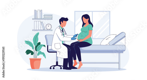 Professional male doctor in a clinic prepares to give a medical injection to a pregnant woman sitting on an examination table.