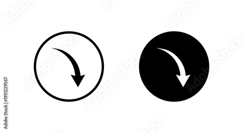 Arrow curve down icon in black circle. Decline direction symbol. Downward trend sign