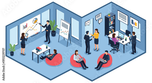 Modern isometric co-working space where people work at individual desks, attend meetings, and relax in comfortable lounge areas.