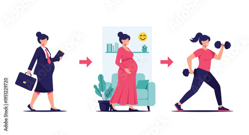 Illustration showing a woman's life transitions from a busy business professional to pregnancy and then returning to physical fitness.