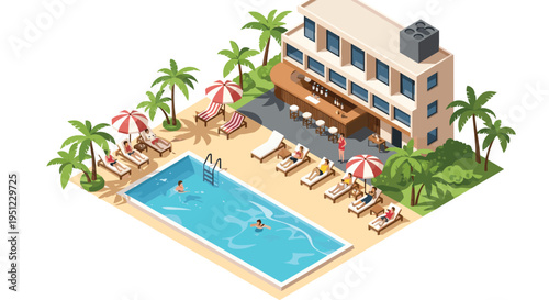 Aerial isometric view of a luxury beach resort featuring a swimming pool, outdoor bar, palm trees, and guests relaxing on lounge chairs.