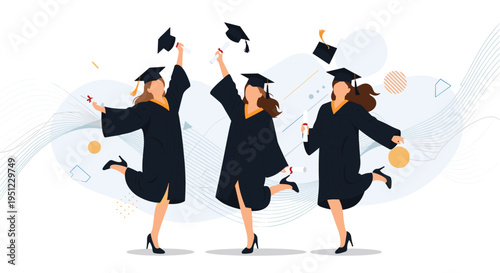 Three happy female graduates in academic gowns and mortarboard caps jump in the air to celebrate their successful graduation ceremony.