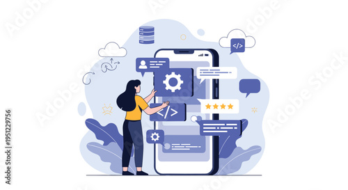 Creative developer works on building a mobile application interface with various functional icons, stars, and programming code blocks.