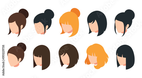 Large collection of isometric female hairstyles in different colors and styles for character creation and digital illustration projects.