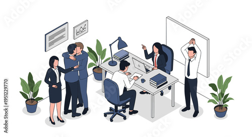 Coworkers in a busy office celebrate a major achievement while others continue to work or show frustration at their desks.