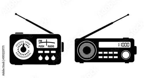 Two vintage radios one analog and one digital shown in black