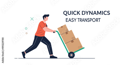 Logistics worker pushes a green hand truck loaded with several cardboard boxes to demonstrate efficient transport and package delivery.
