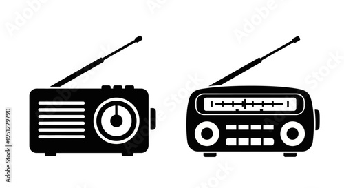 Two vintage transistor radios black and white vector illustration