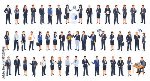 Huge character set of business professionals in diverse formal attire and poses for corporate presentations and team illustrations.